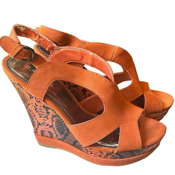 Bakers Snakeskin & Suede Wedge High Heel Open Toe Shoes Sz. 8 in Box Orange - Picture 2 of 16